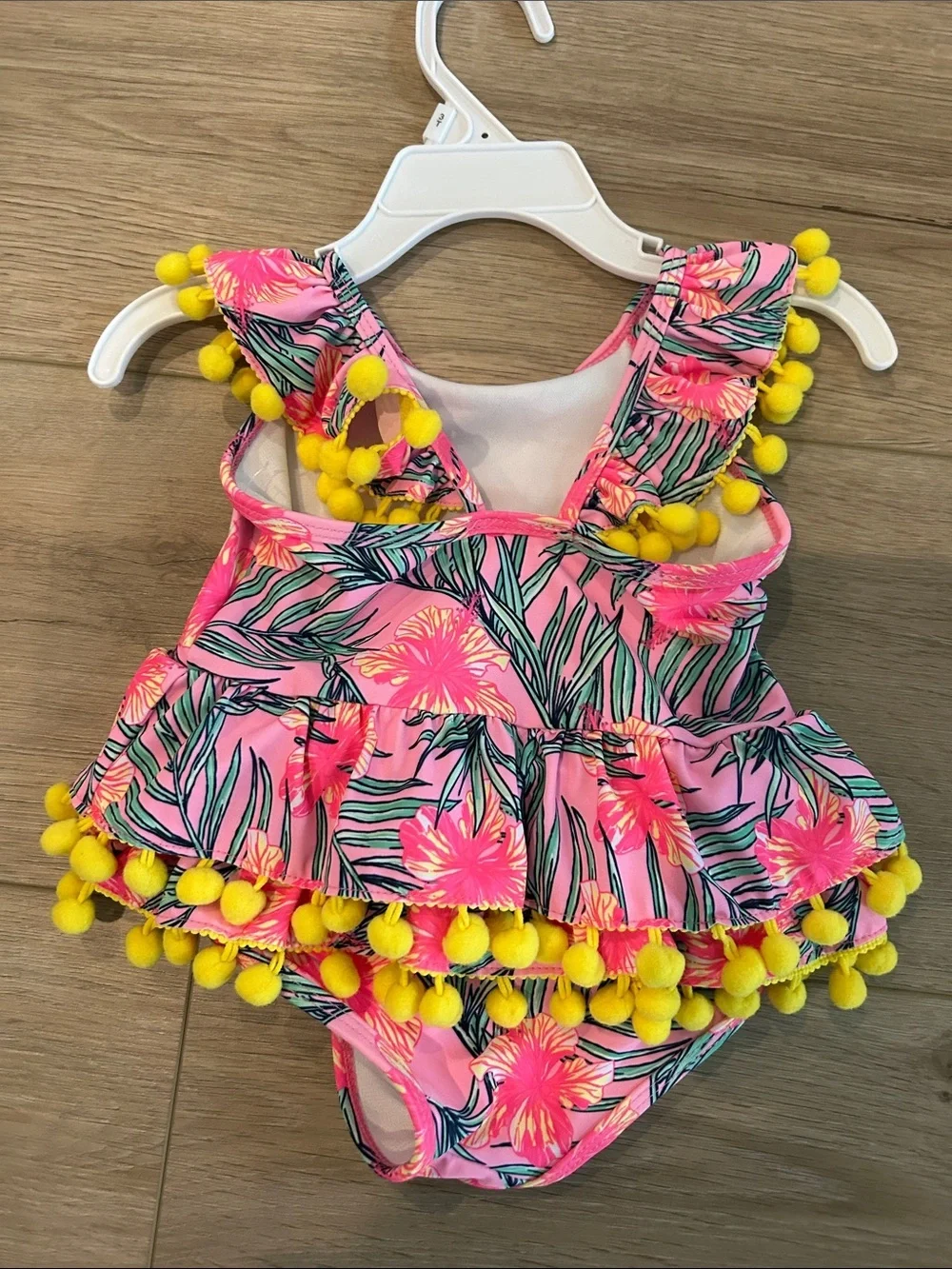 NWT Nicole Miller Infant Girl Pink One-Piece Tropical Pom-Pom Swimsuit 12Months